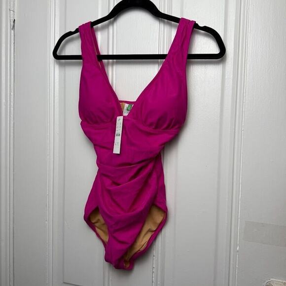 J Crew Swim Suit Womens 4 Fuscia Pink Ruched V Neck One Piece Cups Summer NWT - Picture 1 of 9